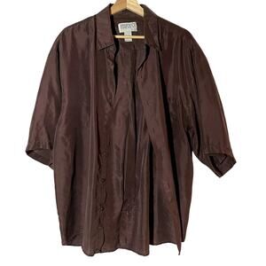 Utopia 100% silk brown maroon men's size L short sleeved button down shirt